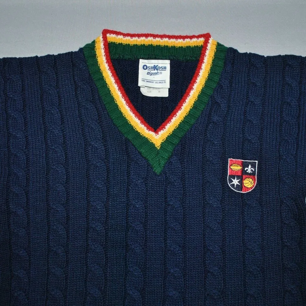 Vintage OshKosh B'Gosh Toddler Sweater Size 3T Cable Knit V-Neck Sweater Stripes